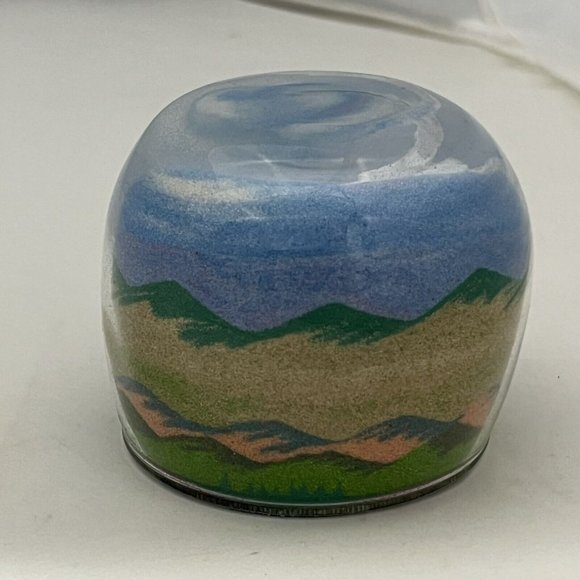 Vintage Sand Art Glass Mountain Sunset Scene Paperweight Rainbow Way Ltd USA - Picture 2 of 11
